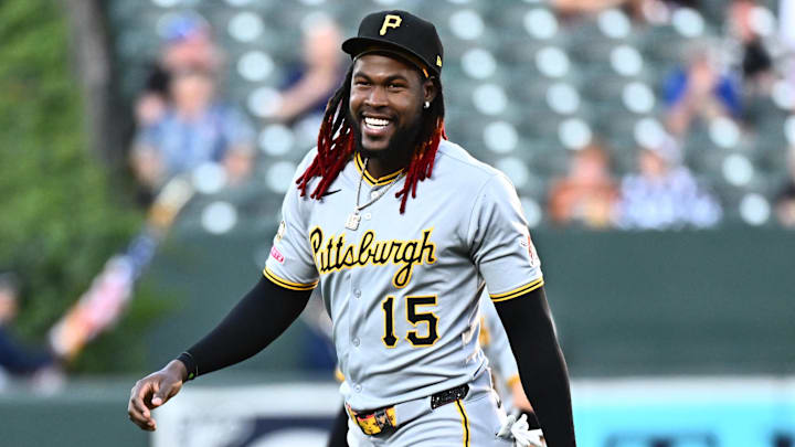 Sep 9, 2025; Baltimore, Maryland, USA;  Pittsburgh Pirates outfielder Oneil Cruz (15) warms up on the field before the game between the Baltimore Orioles and the Pittsburgh Pirates at Oriole Park at Camden Yards. Mandatory Credit: James A. Pittman-Imagn Images