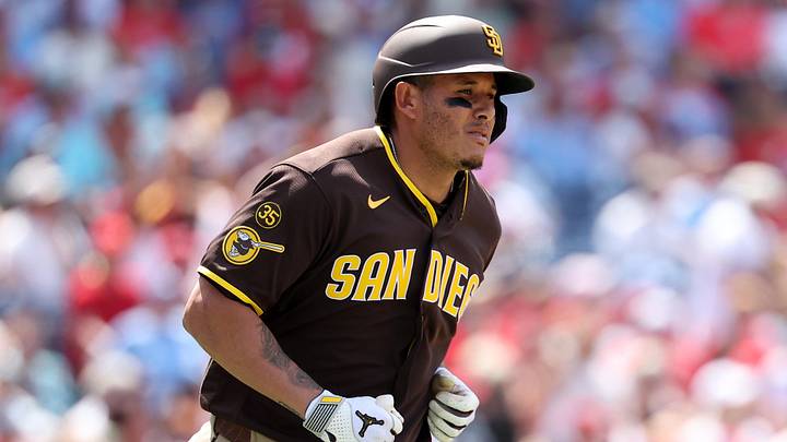 Jun 4, 2026; Philadelphia, Pennsylvania, USA; San Diego Padres third baseman Manny MacHado (13) hits a two RBI home run against the Philadelphia Phillies during the seventh inning at Citizens Bank Park. Mandatory Credit: Bill Streicher-Imagn Images