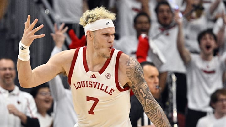 Feb 9, 2026; Louisville, Kentucky, USA;  Louisville Cardinals forward Kasean Pryor (7) reacts during the first half against the NC State Wolfpack at KFC Yum! Center. Louisville defeated N.C. State 118-77. Mandatory Credit: Jamie Rhodes-Imagn Images