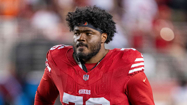 August 19, 2023; Santa Clara, California, USA; San Francisco 49ers guard Jaylon Moore (76) after the game against the Denver Broncos at Levi's Stadium. Mandatory Credit: Kyle Terada-Imagn Images August 19, 2023; Santa Clara, California, USA; San Francisco 49ers guard Jaylon Moore (76) after the game against the Denver Broncos at Levi's Stadium. Mandatory Credit: Kyle Terada-Imagn Images