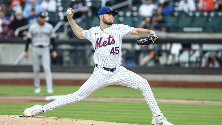 May 30, 2024; New York City, New York, USA; New York Mets starting pitcher Christian Scott (45) pitches in the first inning against the Arizona Diamondbacks at Citi Field. Mandatory Credit: Wendell Cruz-USA TODAY Sports May 30, 2024; New York City, New York, USA; New York Mets starting pitcher Christian Scott (45) pitches in the first inning against the Arizona Diamondbacks at Citi Field. Mandatory Credit: Wendell Cruz-USA TODAY Sports