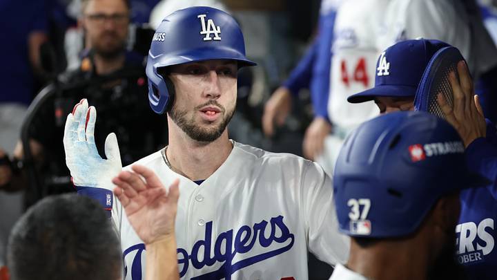 Oct 14, 2026; Los Angeles, California, USA; Los Angeles Dodgers outfielder Kyle Tucker (23) celebrates in the dugout after scoring against the Milwaukee Brewers during the sixth inning in game three of the NLCS for the 2026 MLB Playoffs at Uniqlo Field at Dodger Stadium. Mandatory Credit: Kiyoshi Mio-Imagn Images Oct 14, 2026; Los Angeles, California, USA; Los Angeles Dodgers outfielder Kyle Tucker (23) celebrates in the dugout after scoring against the Milwaukee Brewers during the sixth inning in game three of the NLCS for the 2026 MLB Playoffs at Uniqlo Field at Dodger Stadium. Mandatory Credit: Kiyoshi Mio-Imagn Images
