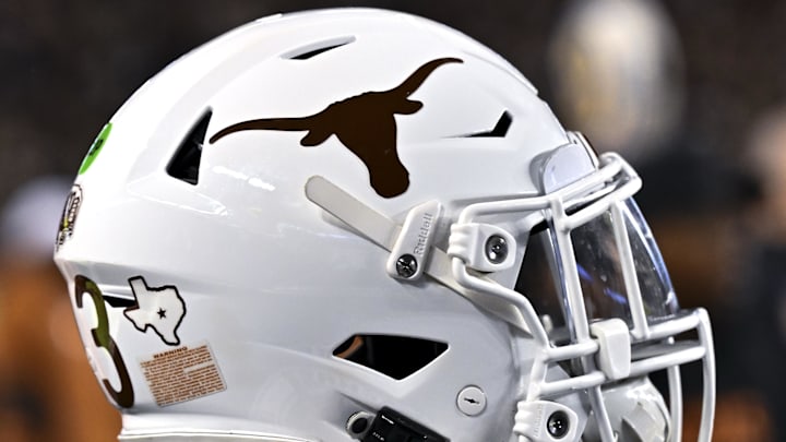 Texas Longhorns helmet on the sideline during the first quarter against the Texas A&M Aggies.
