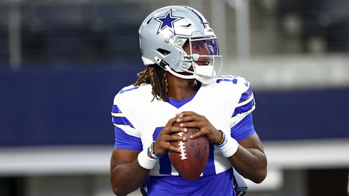 Dallas Cowboys quarterback Joe Milton III warms up before the game against the Baltimore Ravens at AT&T Stadium. 