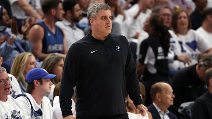May 22, 2024; Minneapolis, Minnesota, USA; Minnesota Timberwolves assistant coach Micah Nori looks on in the first quarter against the Dallas Mavericks during game one of the western conference finals for the 2024 NBA playoffs at Target Center. Mandatory Credit: Jesse Johnson-Imagn Images