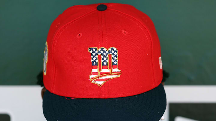 Jul 4, 2019; Oakland, CA, USA; Minnesota Twins players wear commemorative hats as seen before the game against the Oakland Athletics at Oakland Coliseum. 