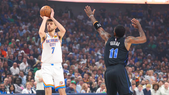 May 18, 2024; Dallas, Texas, USA; Oklahoma City Thunder forward Chet Holmgren (7) shoots as Dallas Mavericks guard Kyrie Irving (11) defends during the first quarter in game six of the second round of the 2024 NBA playoffs at American Airlines Center. Mandatory Credit: Kevin Jairaj-Imagn Images May 18, 2024; Dallas, Texas, USA; Oklahoma City Thunder forward Chet Holmgren (7) shoots as Dallas Mavericks guard Kyrie Irving (11) defends during the first quarter in game six of the second round of the 2024 NBA playoffs at American Airlines Center. Mandatory Credit: Kevin Jairaj-Imagn Images
