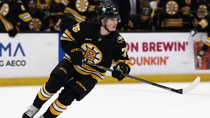 Mar 24, 2026; Boston, Massachusetts, USA; Boston Bruins left wing Lukas Reichel (75) skates against the Toronto Maple Leafs during the third period at TD Garden. Mandatory Credit: Winslow Townson-Imagn Images