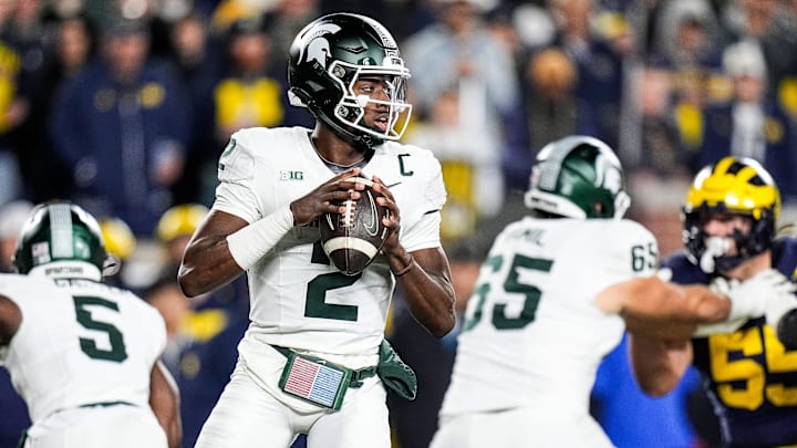Michigan State quarterback Aidan Chiles (2) looks before making a pass against Michigan during the first half at Michigan Stadium in Ann Arbor on Saturday, Oct. 26, 2024.