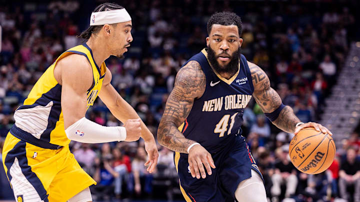Dec 20, 2025; New Orleans, Louisiana, USA; New Orleans Pelicans guard/forward Saddiq Bey (41) dribbles against Indiana Pacers guard/forward Andrew Nembhard (2) during the first half at Smoothie King Center. Mandatory Credit: Stephen Lew-Imagn Images Dec 20, 2025; New Orleans, Louisiana, USA; New Orleans Pelicans guard/forward Saddiq Bey (41) dribbles against Indiana Pacers guard/forward Andrew Nembhard (2) during the first half at Smoothie King Center. Mandatory Credit: Stephen Lew-Imagn Images