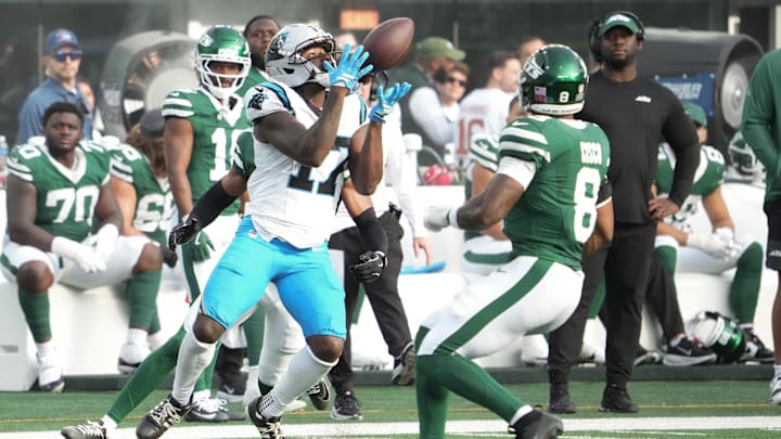 Oct 19, 2025; East Rutherford, New Jersey, USA; Carolina Panthers wide receiver Xavier Legette (17) makes a catch in the fourth quarter against the New York Jets at MetLife Stadium. Mandatory Credit: Robert Deutsch-Imagn Images Oct 19, 2025; East Rutherford, New Jersey, USA; Carolina Panthers wide receiver Xavier Legette (17) makes a catch in the fourth quarter against the New York Jets at MetLife Stadium. Mandatory Credit: Robert Deutsch-Imagn Images