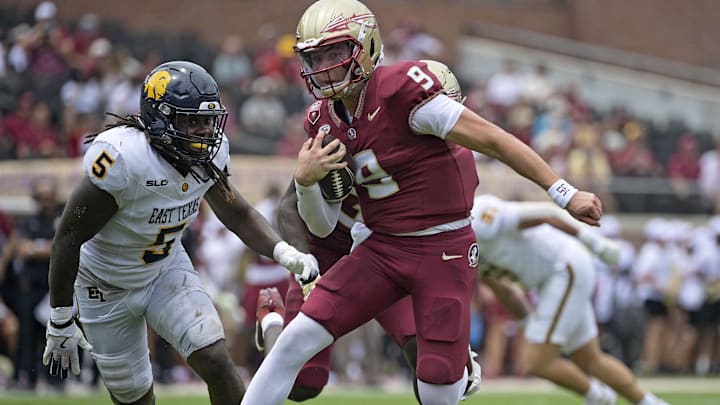 Sep 6, 2025; Tallahassee, Florida, USA; Florida State Seminoles quarterback Kevin Sperry (9) runs the ball against the East Texas A&M Lions during the second half at Doak S. Campbell Stadium. Mandatory Credit: Melina Myers-Imagn Images Sep 6, 2025; Tallahassee, Florida, USA; Florida State Seminoles quarterback Kevin Sperry (9) runs the ball against the East Texas A&M Lions during the second half at Doak S. Campbell Stadium. Mandatory Credit: Melina Myers-Imagn Images
