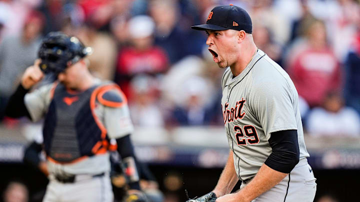 Detroit Tigers pitcher Tarik Skubal (29) reacts after pitching the fifth inning of Game 2 of ALDS against Cleveland Guardians at Progressive Field in Cleveland, Ohio on Monday, Oct. 7, 2024. Detroit Tigers pitcher Tarik Skubal (29) reacts after pitching the fifth inning of Game 2 of ALDS against Cleveland Guardians at Progressive Field in Cleveland, Ohio on Monday, Oct. 7, 2024.