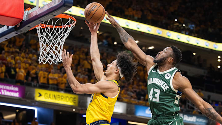 May 2, 2024; Indianapolis, Indiana, USA; Indiana Pacers guard Kendall Brown (10) shoots the ball while Milwaukee Bucks forward Thanasis Antetokounmpo (43) defends during game six of the first round for the 2024 NBA playoffs at Gainbridge Fieldhouse. Mandatory Credit: Trevor Ruszkowski-Imagn Images May 2, 2024; Indianapolis, Indiana, USA; Indiana Pacers guard Kendall Brown (10) shoots the ball while Milwaukee Bucks forward Thanasis Antetokounmpo (43) defends during game six of the first round for the 2024 NBA playoffs at Gainbridge Fieldhouse. Mandatory Credit: Trevor Ruszkowski-Imagn Images