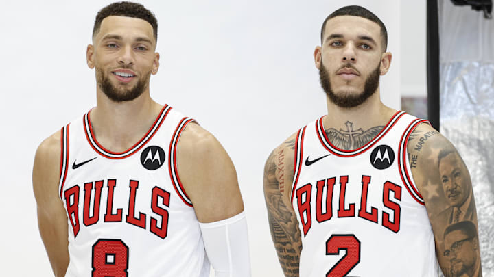 Sep 30, 2024; Chicago, Il, USA; Chicago Bulls guard Zach LaVine (8) and guard Lonzo Ball (2) pose during Chicago Bulls Media Day. Mandatory Credit: Kamil Krzaczynski-Imagn Images