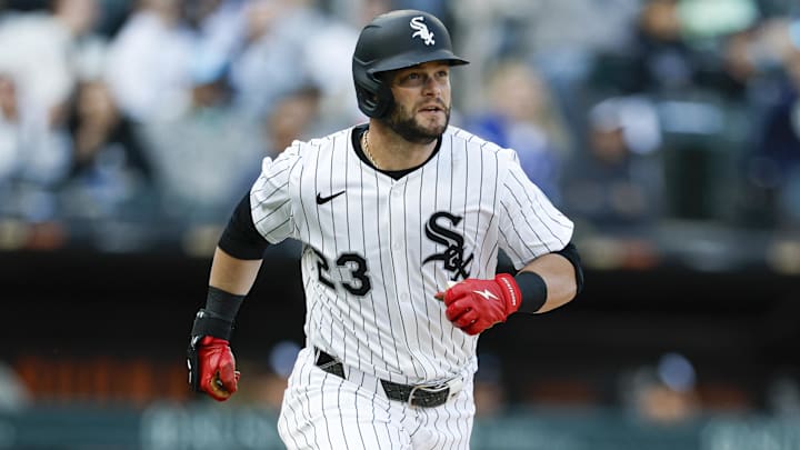 May 24, 2025; Chicago, Illinois, USA; Chicago White Sox designated hitter Andrew Benintendi (23) runs after hitting a two-run double against the Texas Rangers during the sixth inning at Rate Field
