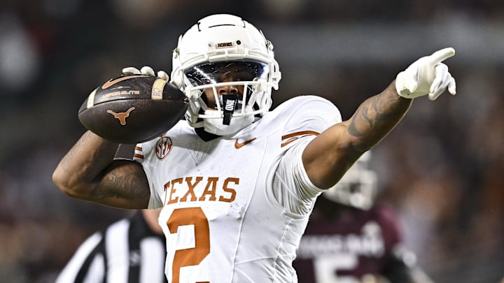 Texas Longhorns wide receiver Matthew Golden motions after getting a first down against the Texas A&M Aggies. 