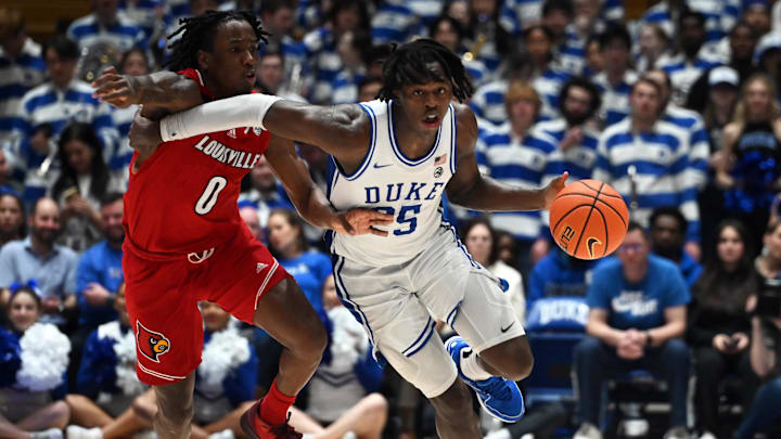 Feb 28, 2024; Durham, North Carolina, USA;  Duke Blue Devils forward Mark Mitchell (25) dribbles up