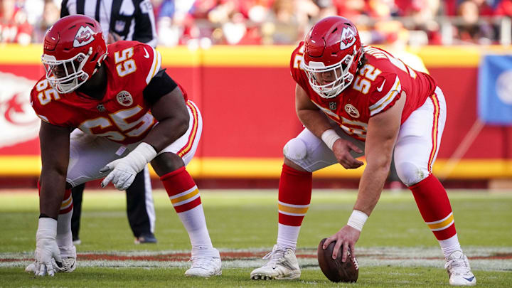Oct 16, 2022; Kansas City, Missouri, USA; Kansas City Chiefs guard Trey Smith (65) and guard Joe Thuney (62) on the line of scrimmage against the Buffalo Bills during the game at GEHA Field at Arrowhead Stadium. Mandatory Credit: Denny Medley-Imagn Images