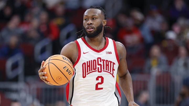 Mar 12, 2026; Chicago, IL, USA; Ohio State Buckeyes guard Bruce Thornton (2) brings the ball up court against the Iowa Hawkeyes during the second half at United Center. Mandatory Credit: Kamil Krzaczynski-Imagn Images
