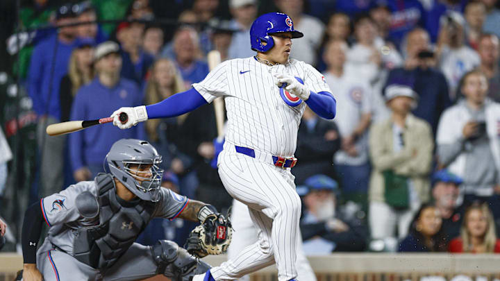 May 13, 2025; Chicago, Illinois, USA; Chicago Cubs designated hitter Moises Ballesteros (25) grounds into a force out against the Miami Marlins during the ninth inning at Wrigley Field. May 13, 2025; Chicago, Illinois, USA; Chicago Cubs designated hitter Moises Ballesteros (25) grounds into a force out against the Miami Marlins during the ninth inning at Wrigley Field.