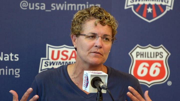 Teri McKeever at press conference at the 2014 USA National Championships 