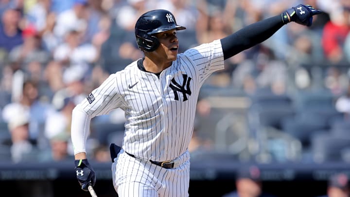 Sep 14, 2024; Bronx, New York, USA; New York Yankees right fielder Juan Soto (22) reacts after hitting a single against the Boston Red Sox during the third inning at Yankee Stadium Sep 14, 2024; Bronx, New York, USA; New York Yankees right fielder Juan Soto (22) reacts after hitting a single against the Boston Red Sox during the third inning at Yankee Stadium