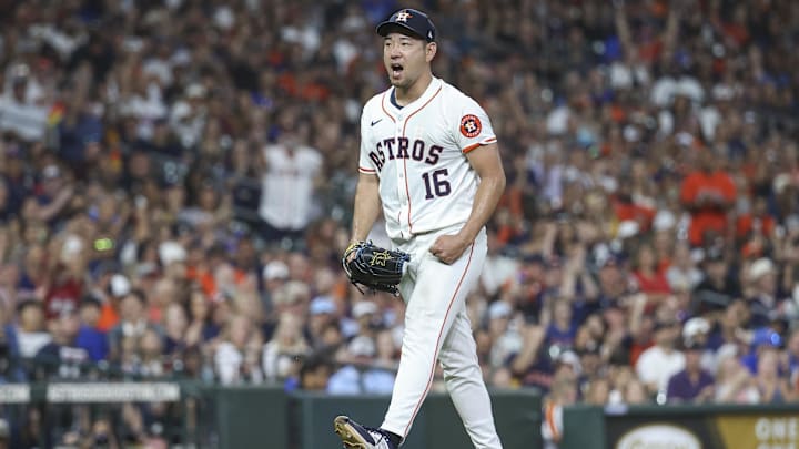Aug 31, 2024; Houston, Texas, USA; Houston Astros starting pitcher Yusei Kikuchi (16) reacts after a play during the sixth inning against the Kansas City Royals at Minute Maid Park. Aug 31, 2024; Houston, Texas, USA; Houston Astros starting pitcher Yusei Kikuchi (16) reacts after a play during the sixth inning against the Kansas City Royals at Minute Maid Park.