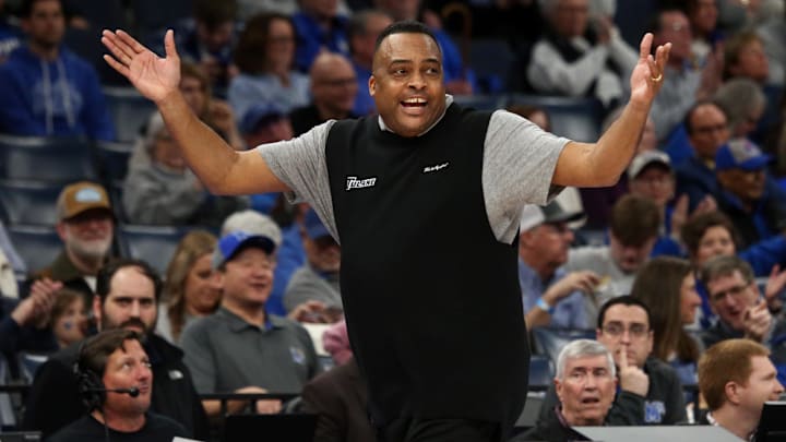 Feb 11, 2024; Memphis, Tennessee, USA; Tulane Green Wave head coach Ron Hunter reacts during the second half against the Memphis Tigers at FedExForum.