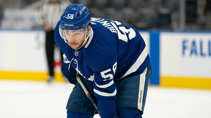 Jan 1, 2022; Toronto, Ontario, CAN; Toronto Maple Leafs left wing Michael Bunting (58) waits for the faceoff during the first period against the Toronto Maple Leafs at Scotiabank Arena. Mandatory Credit: Nick Turchiaro-USA TODAY Sports