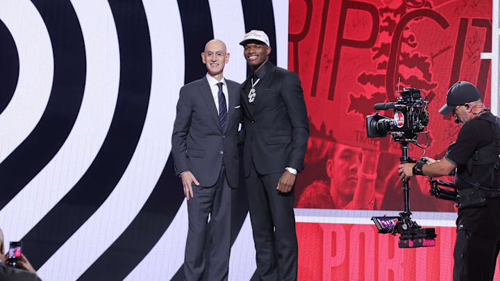 Jun 25, 2025; Brooklyn, NY, USA; Cedric Coward stands with NBA commissioner Adam Silver after being selected as the 11th pick by the Portland Trail Blazers in the first round of the 2025 NBA Draft at Barclays Center. Mandatory Credit: Brad Penner-Imagn Images Jun 25, 2025; Brooklyn, NY, USA; Cedric Coward stands with NBA commissioner Adam Silver after being selected as the 11th pick by the Portland Trail Blazers in the first round of the 2025 NBA Draft at Barclays Center. Mandatory Credit: Brad Penner-Imagn Images
