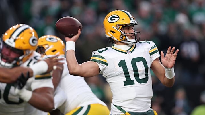 Green Bay Packers quarterback Jordan Love drops back to pass against the Philadelphia Eagles during their wild-card game.