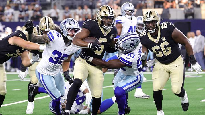 Aug 28, 2026; Arlington, Texas, USA; Dallas Cowboys linebacker Shemar James (50) tackles New Orleans Saints running back Kendre Miller (5) in the first quarter at AT&T Stadium. Mandatory Credit: Kevin Jairaj-Imagn Images Aug 28, 2026; Arlington, Texas, USA; Dallas Cowboys linebacker Shemar James (50) tackles New Orleans Saints running back Kendre Miller (5) in the first quarter at AT&T Stadium. Mandatory Credit: Kevin Jairaj-Imagn Images