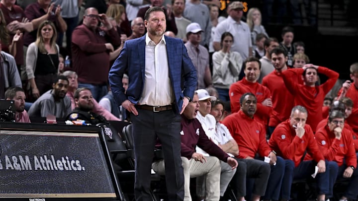 Feb 18, 2026; College Station, Texas, USA; Ole Miss Rebels head coach Chris Beard looks on during the second half against the Texas A&M Aggies at Reed Arena. Mandatory Credit: Maria Lysaker-Imagn Images 