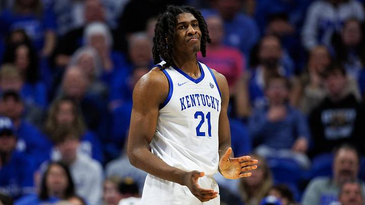 Jan 7, 2026; Lexington, Kentucky, USA; Kentucky Wildcats forward Jayden Quaintance (21) reacts after a play during the second half against the Missouri Tigers at Rupp Arena at Central Bank Center.
