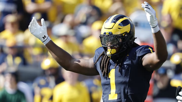 Michigan Wolverines linebacker Jaishawn Barham (1) reacts in the second half against the Wisconsin Badgers at Michigan Stadium. Mandatory Credit: Rick Osentoski-Imagn Images