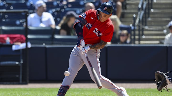 Mar 18, 2026; Tampa, Florida, USA; Boston Red Sox second baseman Mikey Romero (72) doubles against the New York Yankees in the seventh inning during spring training at George M. Steinbrenner Field. Mandatory Credit: Nathan Ray Seebeck-Imagn Images