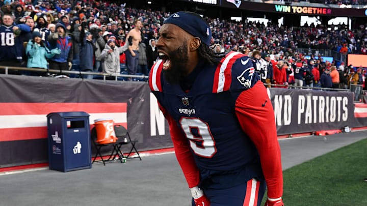Nov 20, 2022; Foxborough, Massachusetts, USA; Former New England Patriots linebacker Matthew Judon (9) reacts after cornerback Marcus Jones (not seen) scored a touchdown against the New York Jets during the second half at Gillette Stadium. Mandatory Credit: Brian Fluharty-Imagn Images