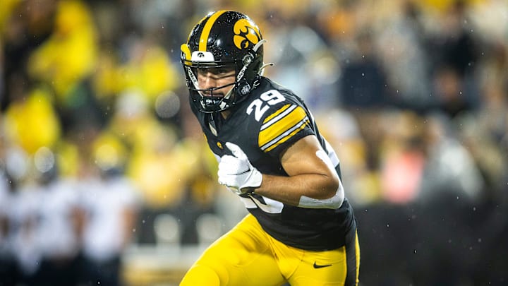 Iowa defensive back Sebastian Castro (29) warms up during a NCAA football game against Nevada, Saturday, Sept. 17, 2022, at Kinnick Stadium in Iowa City, Iowa.