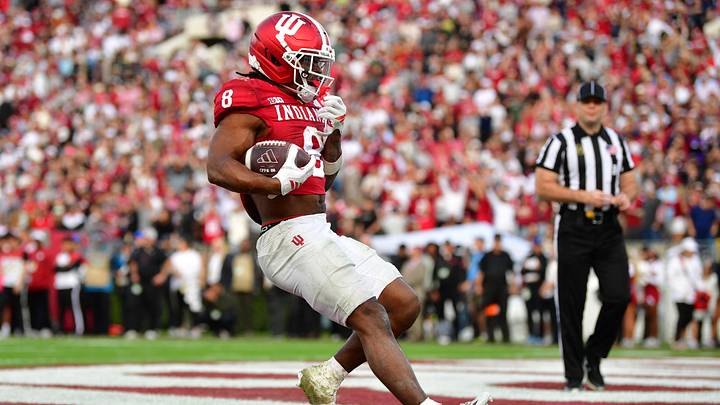 Jan 1, 2026; Pasadena, CA, USA; Indiana Hoosiers running back Kaelon Black (8) runs to score a touchdown against the Alabama Crimson Tide in the second half of the 2026 Rose Bowl and quarterfinal game of the College Football Playoff at Rose Bowl Stadium. Mandatory Credit: Gary A. Vasquez-Imagn Images Jan 1, 2026; Pasadena, CA, USA; Indiana Hoosiers running back Kaelon Black (8) runs to score a touchdown against the Alabama Crimson Tide in the second half of the 2026 Rose Bowl and quarterfinal game of the College Football Playoff at Rose Bowl Stadium. Mandatory Credit: Gary A. Vasquez-Imagn Images
