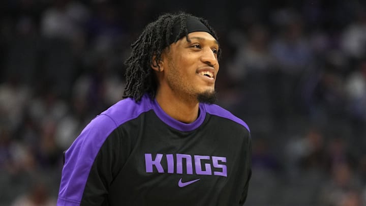 Apr 11, 2025; Sacramento, California, USA; Sacramento Kings center Isaac Jones (3) before the game against the Los Angeles Clippers at Golden 1 Center. Mandatory Credit: Darren Yamashita-Imagn Images
