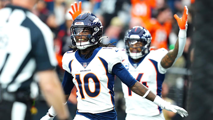 Jan 7, 2024; Paradise, Nevada, USA;  Denver Broncos wide receiver Jerry Jeudy (10) celebrates after
