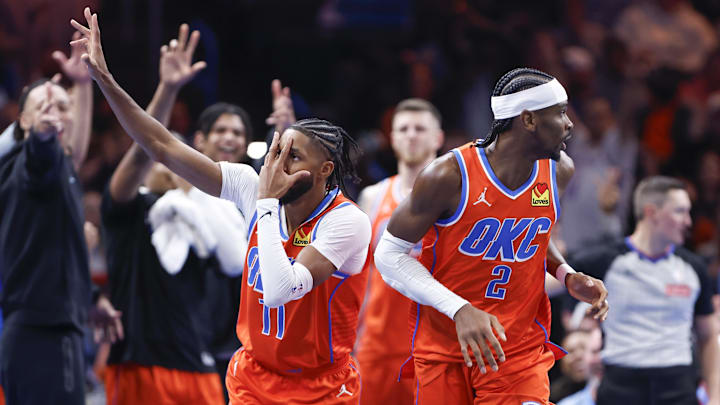 Dec 3, 2024; Oklahoma City, Oklahoma, USA; Oklahoma City Thunder guard Isaiah Joe (11) gestures after scoring a three point basket against the Utah Jazz during the second half of an NBA Cup game at Paycom Center. Mandatory Credit: Alonzo Adams-Imagn Images