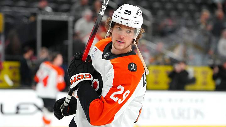 Philadelphia Flyers right wing Nikita Grebenkin (29) warms up before a game against the Vegas Golden Knights at T-Mobile Arena. Mandatory Credit: Stephen R. Sylvanie-Imagn Images