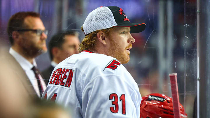 Oct 24, 2024; Calgary, Alberta, CAN; Carolina Hurricanes goaltender Frederik Andersen (31) on his bench against the Calgary Flames during the third period at Scotiabank Saddledome. Mandatory Credit: Sergei Belski-Imagn Images