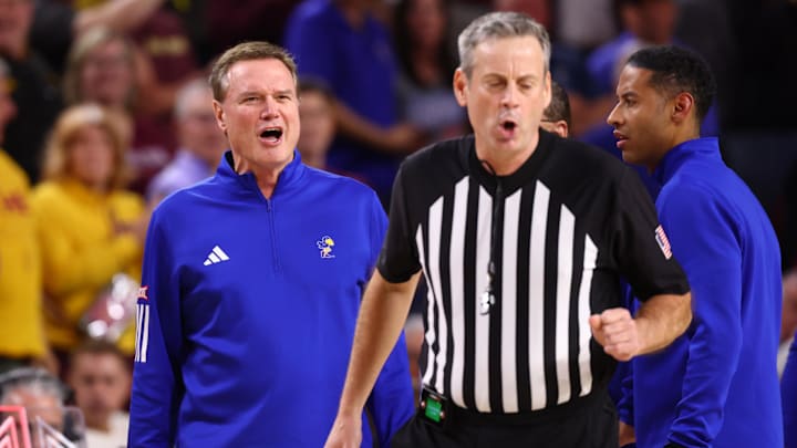 Mar 3, 2026; Tempe, Arizona, USA; Kansas Jayhawks head coach Bill Self reacts after being ejected from the game against the Arizona State Sun Devils in the first half at Desert Financial Arena. Mandatory Credit: Mark J. Rebilas-Imagn Images