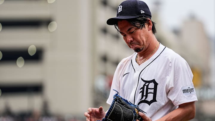 Detroit Tigers pitcher Kenta Maeda (18) walks off the field after pitching the second inning against Chicago White Sox at Comerica Park in Detroit on Sunday, Sept. 29, 2024.