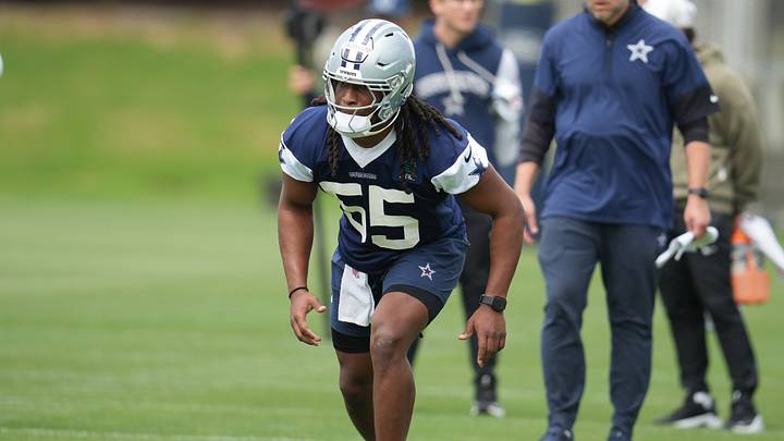 Dallas Cowboys LB Jaishawn Barham goes through a drill during practice at the Ford Center at the Star Training Facility. Dallas Cowboys LB Jaishawn Barham goes through a drill during practice at the Ford Center at the Star Training Facility.