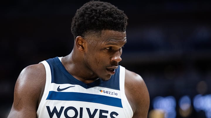 Mar 24, 2025; Indianapolis, Indiana, USA; Minnesota Timberwolves guard Anthony Edwards (5) in the second half against the Indiana Pacers at Gainbridge Fieldhouse. Mandatory Credit: Trevor Ruszkowski-Imagn Images