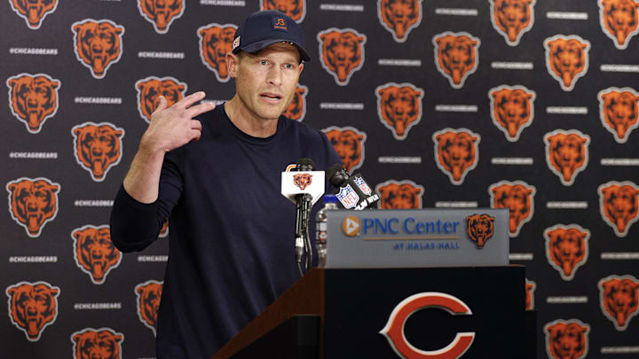 Jun 3, 2025; Lake Forest, IL, USA; Chicago Bears head coach Ben Johnson speaks during minicamp at Halas Hall. Mandatory Credit: Kamil Krzaczynski-Imagn Images